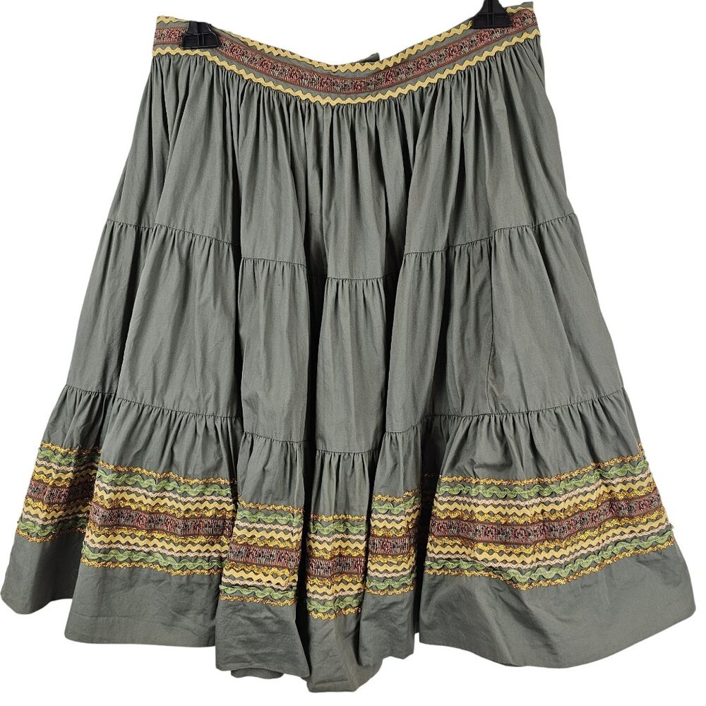 CabinCore Smocked Olive Green Yellow Red Trim Skirt Betsey Johnson 28